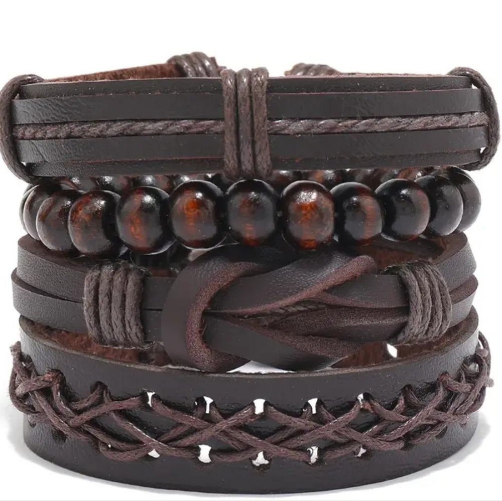 4 Piece Men's Vintage Style PU Leather Bracelet set, Brown